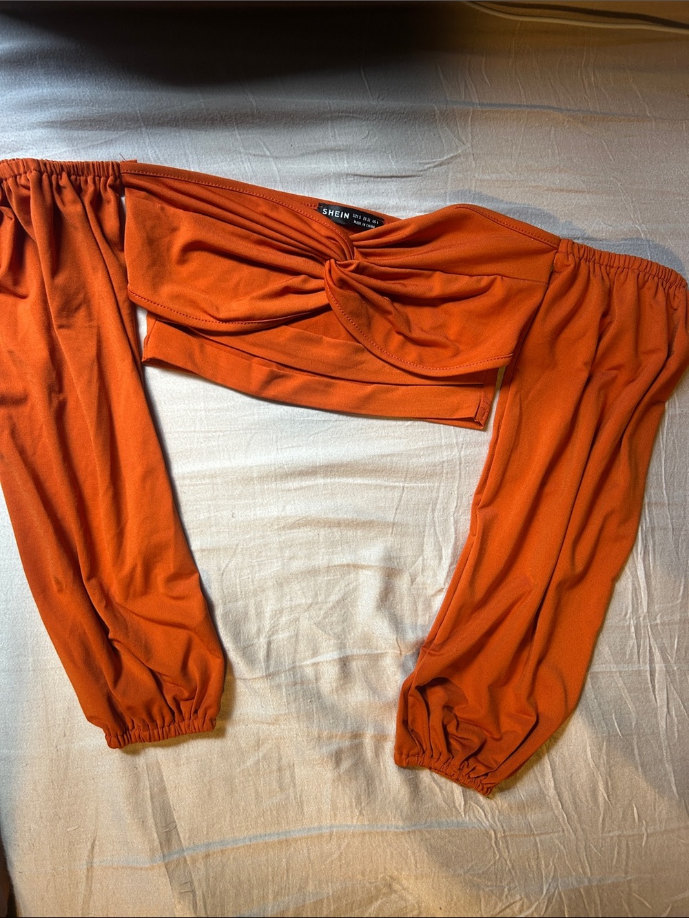 SHEIN Burnt Orange Off-Shoulder Twist Front Long Sleeve Crop Top
